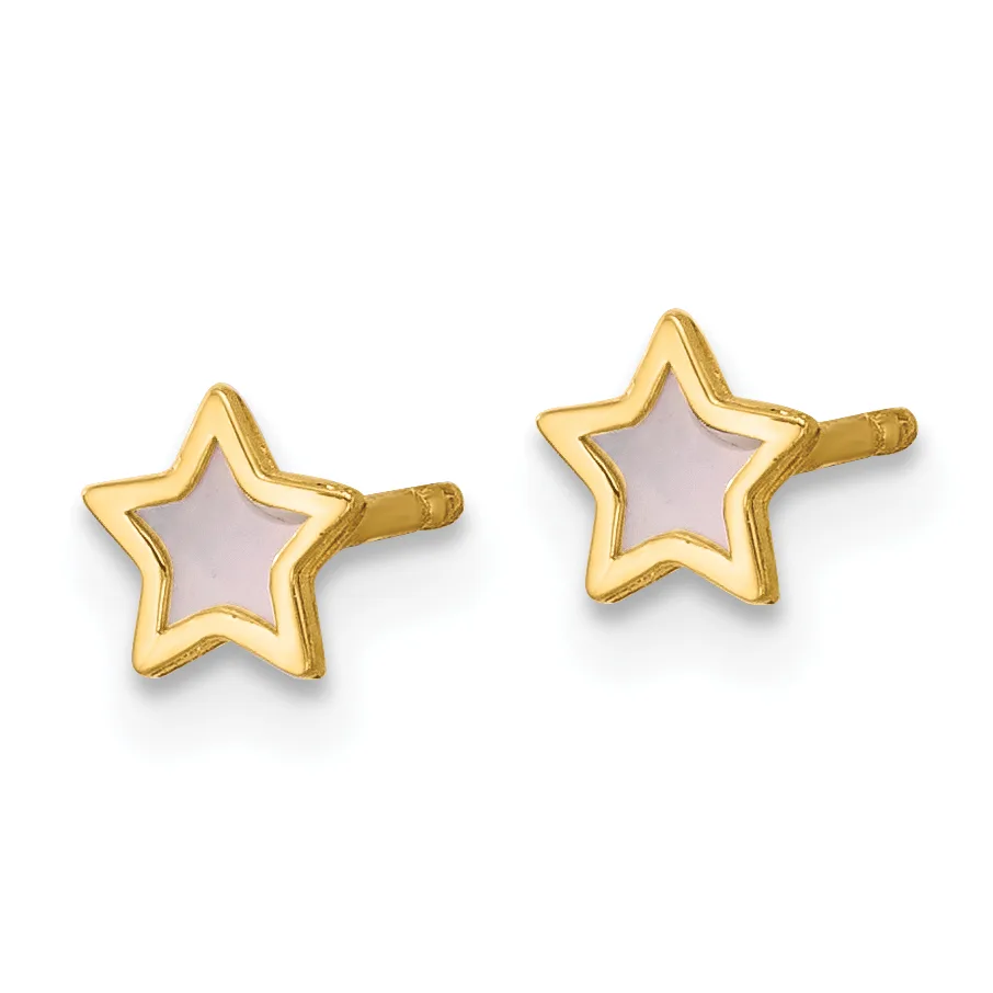 A pair of star-shaped stud earrings with gold outer frames and pale pink stone centers, displayed on a white background.
