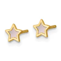 A pair of star-shaped stud earrings with gold outer frames and pale pink stone centers, displayed on a white background.