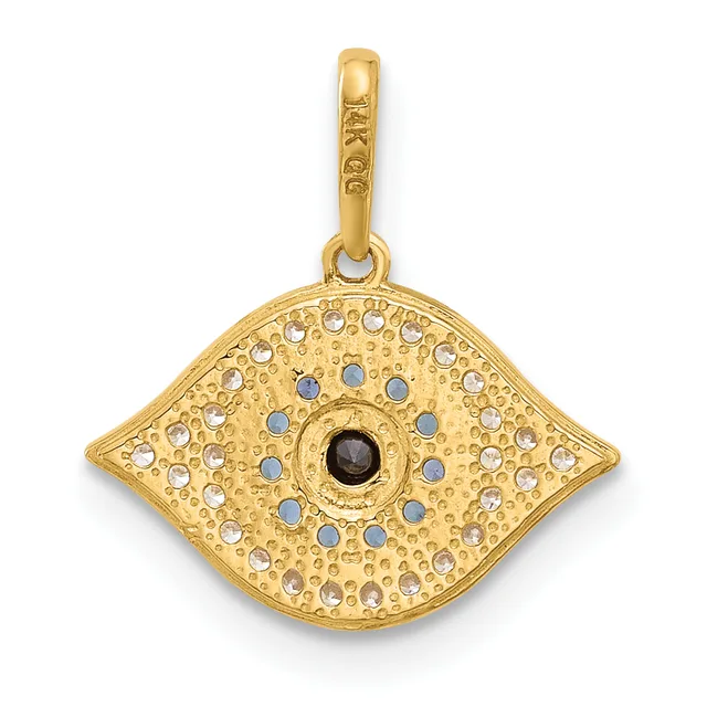 Gold pendant in the shape of an eye with a black center stone surrounded by concentric circles of small blue and clear gemstones, suspended from a gold bail.