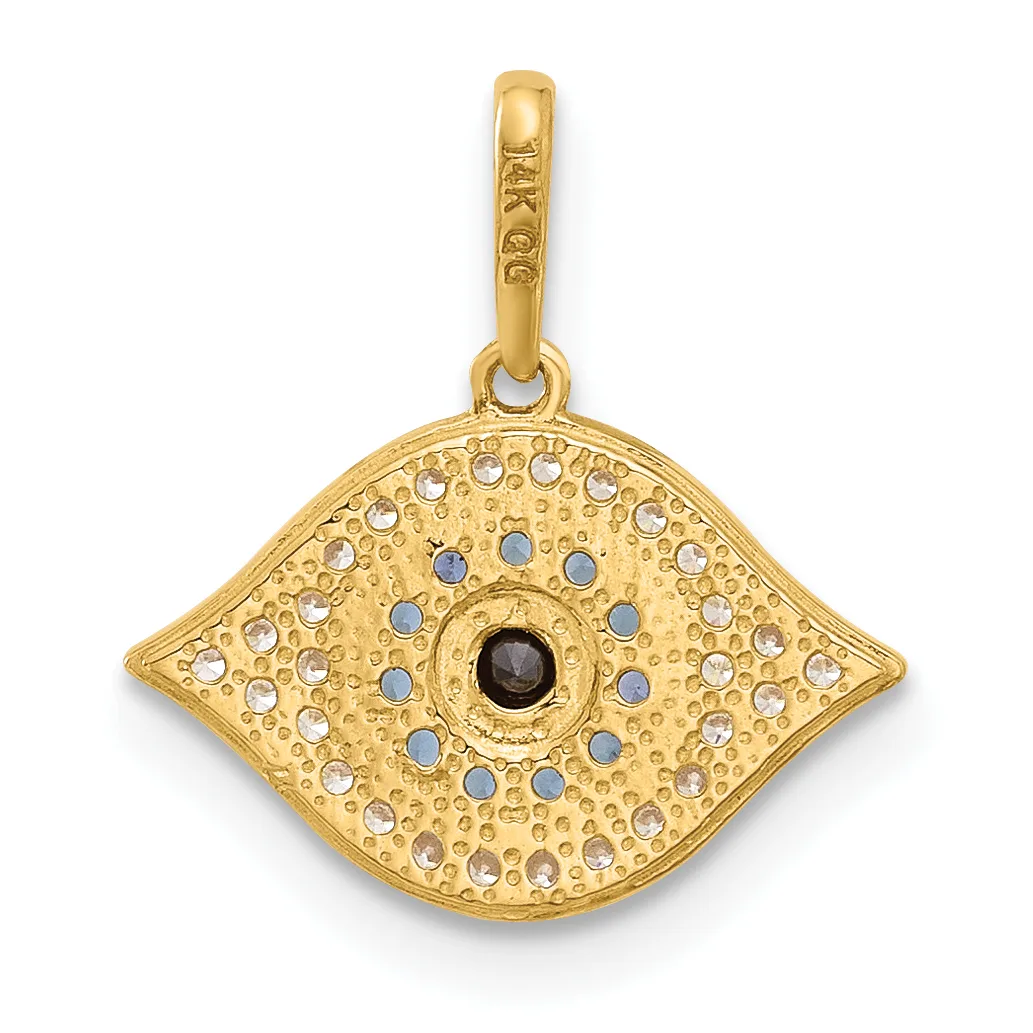 Gold pendant in the shape of an eye with a black center stone surrounded by concentric circles of small blue and clear gemstones, suspended from a gold bail.