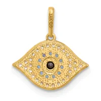 Gold pendant in the shape of an eye with a black center stone surrounded by concentric circles of small blue and clear gemstones, suspended from a gold bail.