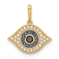 Gold pendant in the shape of an eye with a black stone center, surrounded by concentric rings of blue and white diamonds, with a gold bail at the top.
