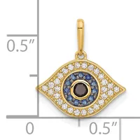 Gold evil eye pendant with white and blue gemstones, shown next to a ruler indicating approximately 0.5 inches in height and width.