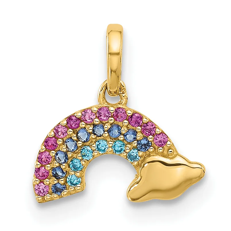 Gold dolphin pendant with colorful gemstones including pink, blue, and light blue stones set across the arched back and head.