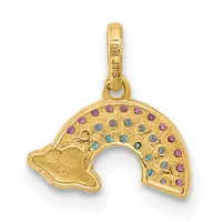 Gold-toned pendant shaped like a dolphin with colored gemstones set across its curved body, featuring a small stamped hallmark on the bail.