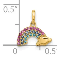 Gold dolphin charm with colorful gemstones in pink, blue, and yellow, shown next to a ruler indicating approximately 0.5 inches in size.