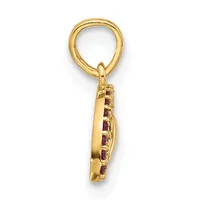 Gold pendant with oval loop top and rectangular setting containing alternating rows of small rubies and diamonds in a channel-set design, shown against white background.