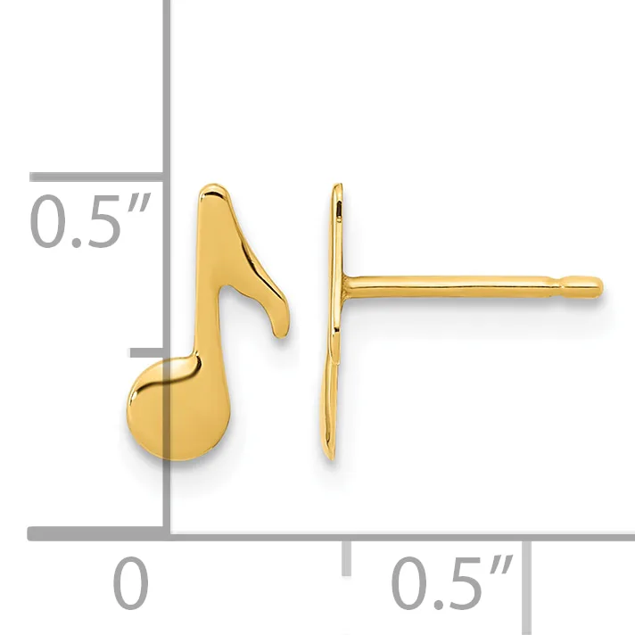 A pair of gold-colored hook earrings shown front and side view against a measurement scale indicating approximately 0.5 inches in length.