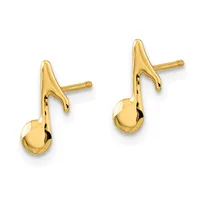 A pair of gold musical note stud earrings with polished spherical bottoms and post backs, shown from the front.