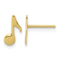 Pair of gold musical note stud earrings shown from front and side views.