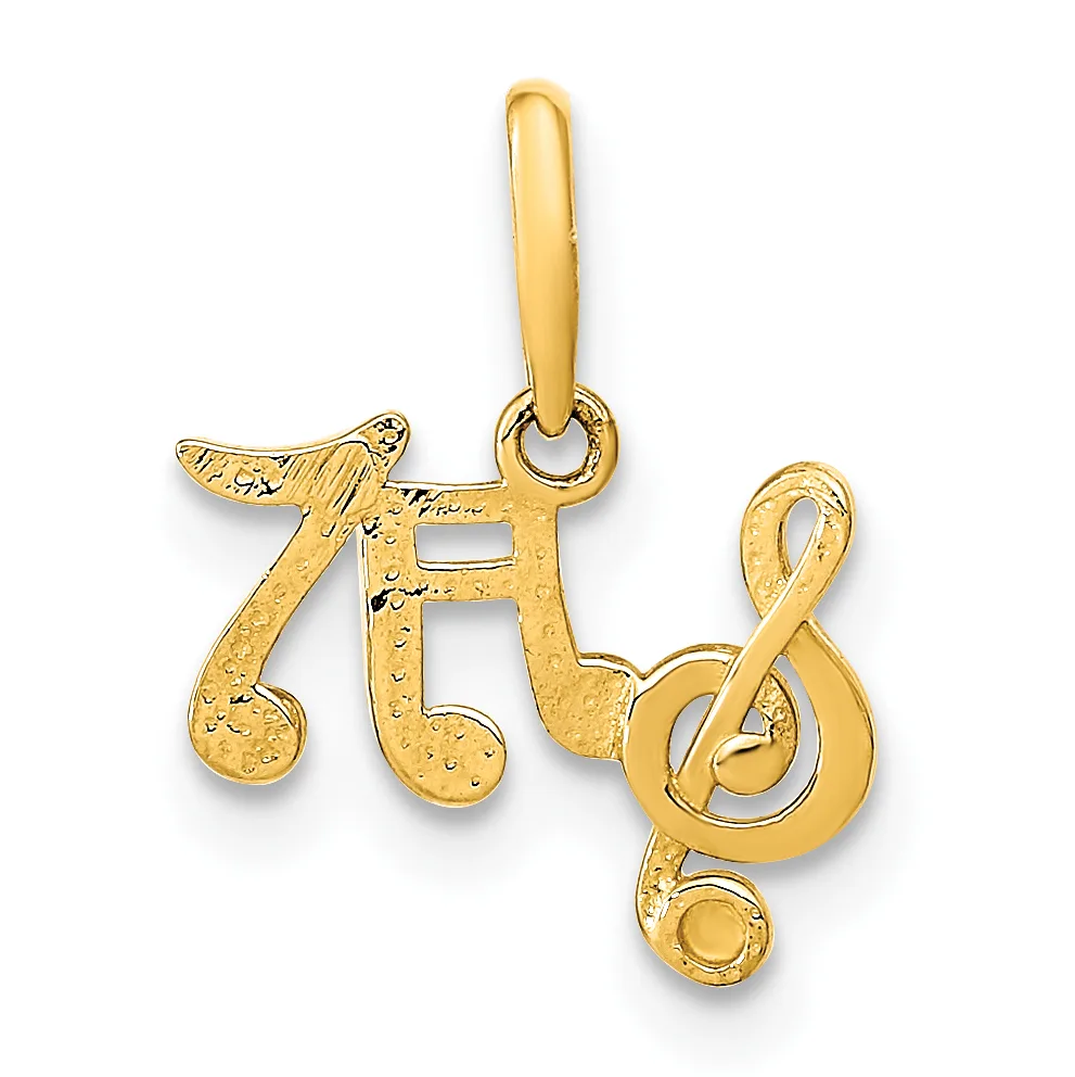 Gold pendant charm shaped like musical notes with a textured finish and a loop attachment at the top.