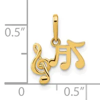 Gold pendant featuring a treble clef and musical notes, shown with a scale indicating approximately 0.5 inches in height.