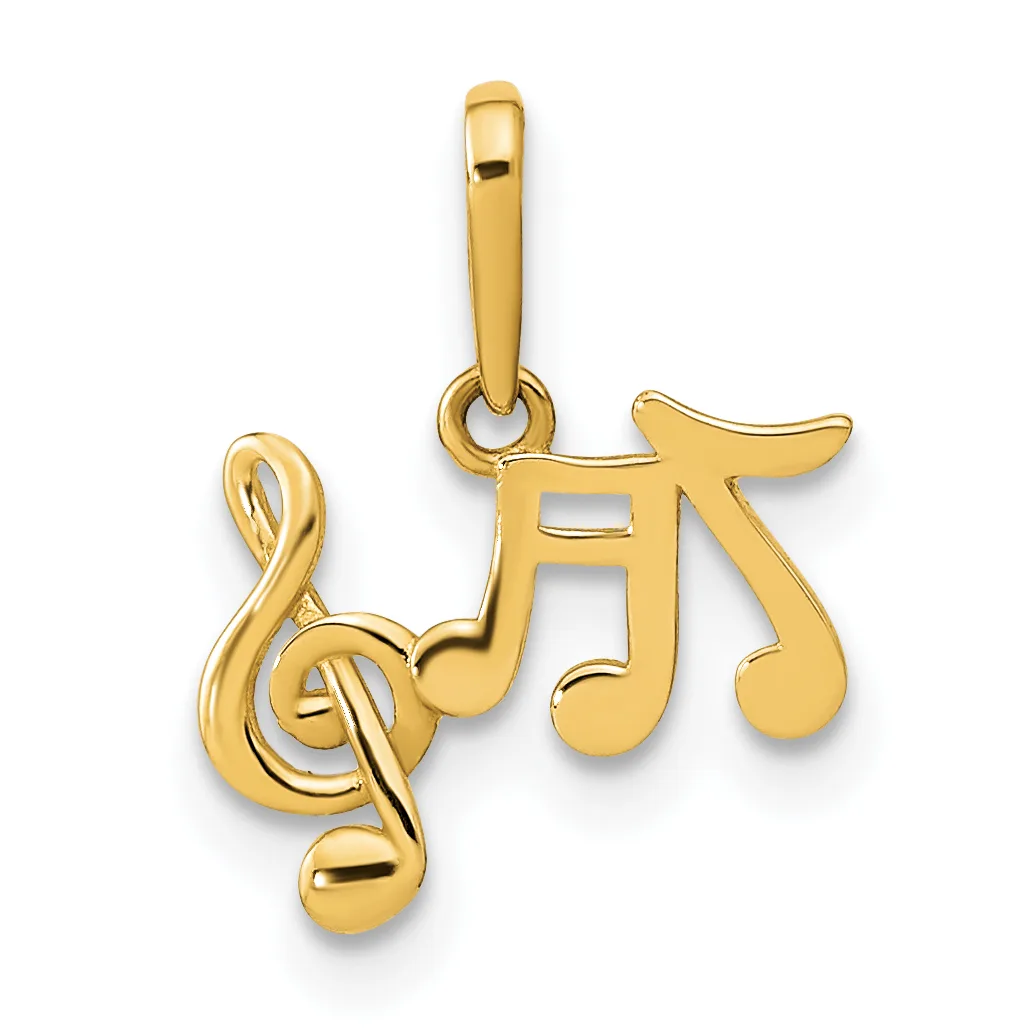 Gold pendant featuring musical notes including a treble clef, displayed against a white background.