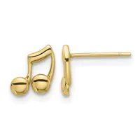 Pair of gold musical note stud earrings shown from front and side views, featuring two connected spheres beneath a curved staff-like shape.