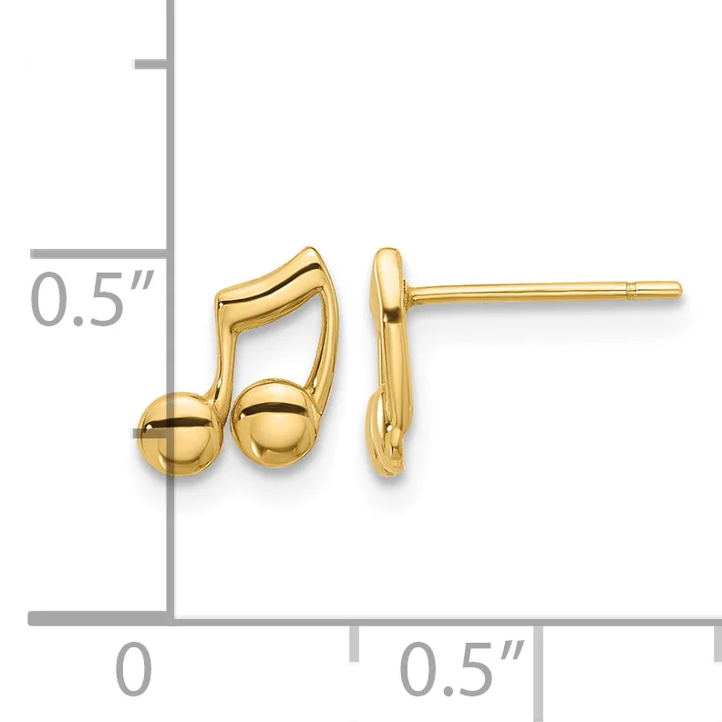 Pair of gold-colored musical note stud earrings with ball accents, shown front and side view next to a measurement scale indicating approximately 0.5 inches in height.