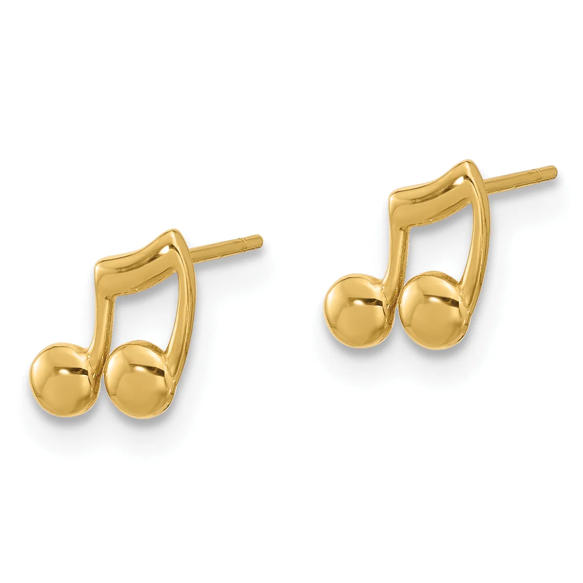 A pair of gold stud earrings shaped like musical eighth notes with spherical bottoms, shown from the front against a white background.