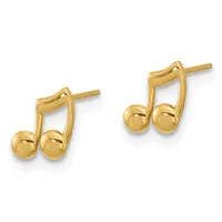 A pair of gold stud earrings shaped like musical eighth notes with spherical bottoms, shown from the front against a white background.