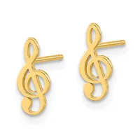 A pair of gold treble clef stud earrings with post and clutch backs, shown from the front.