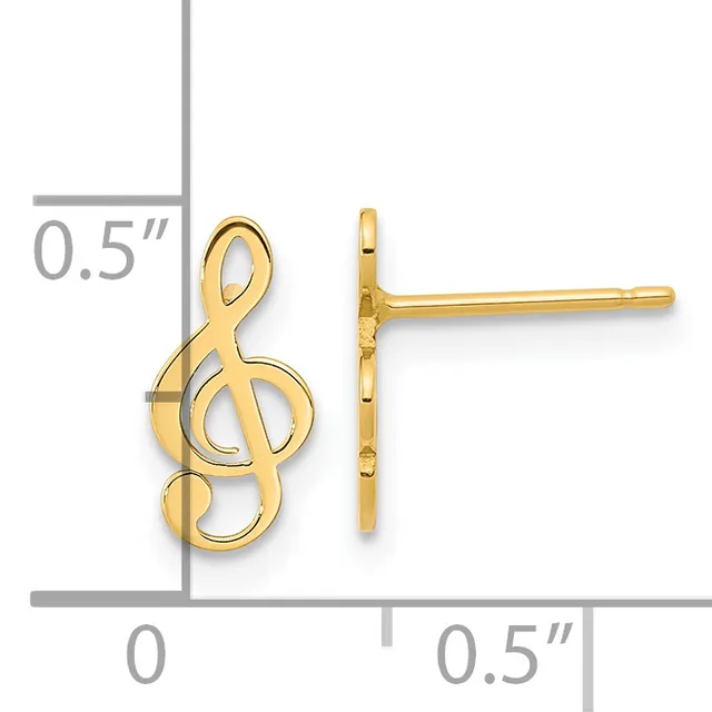 Gold treble clef stud earrings shown front and side view with measurement scale indicating approximately 0.5 inches in height.