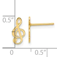 Gold treble clef stud earrings shown front and side view with measurement scale indicating approximately 0.5 inches in height.
