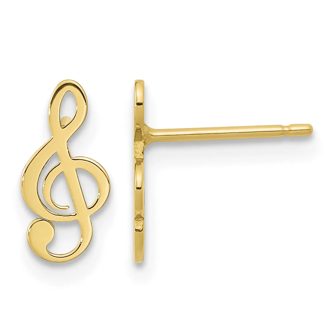 A pair of gold treble clef earrings shown from front and side views, featuring open musical note designs with post and clutch backs.