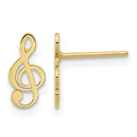 A pair of gold treble clef earrings shown from front and side views, featuring open musical note designs with post and clutch backs.