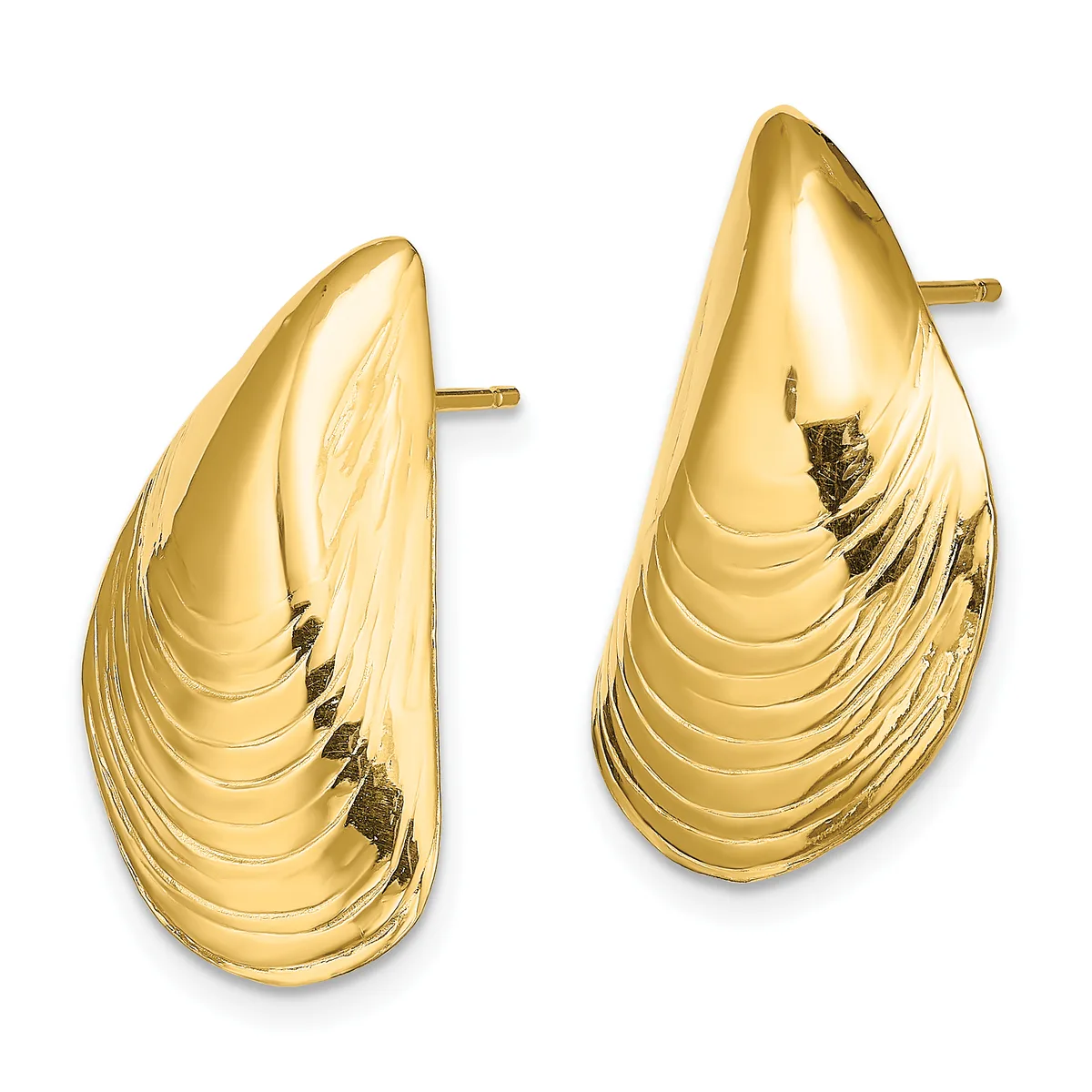 A pair of polished gold teardrop-shaped stud earrings with textured grooved details, shown from the front against a white background.