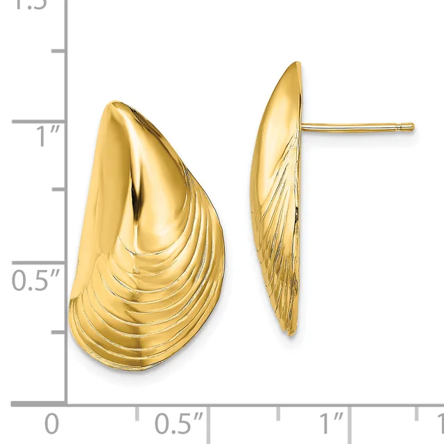 Pair of gold teardrop-shaped stud earrings with textured ridged surfaces, shown against a measurement scale indicating approximately one inch in length.