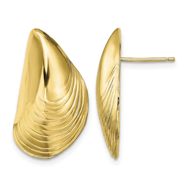 Pair of gold teardrop-shaped stud earrings with textured linear detailing on the surface, shown from front and side views.