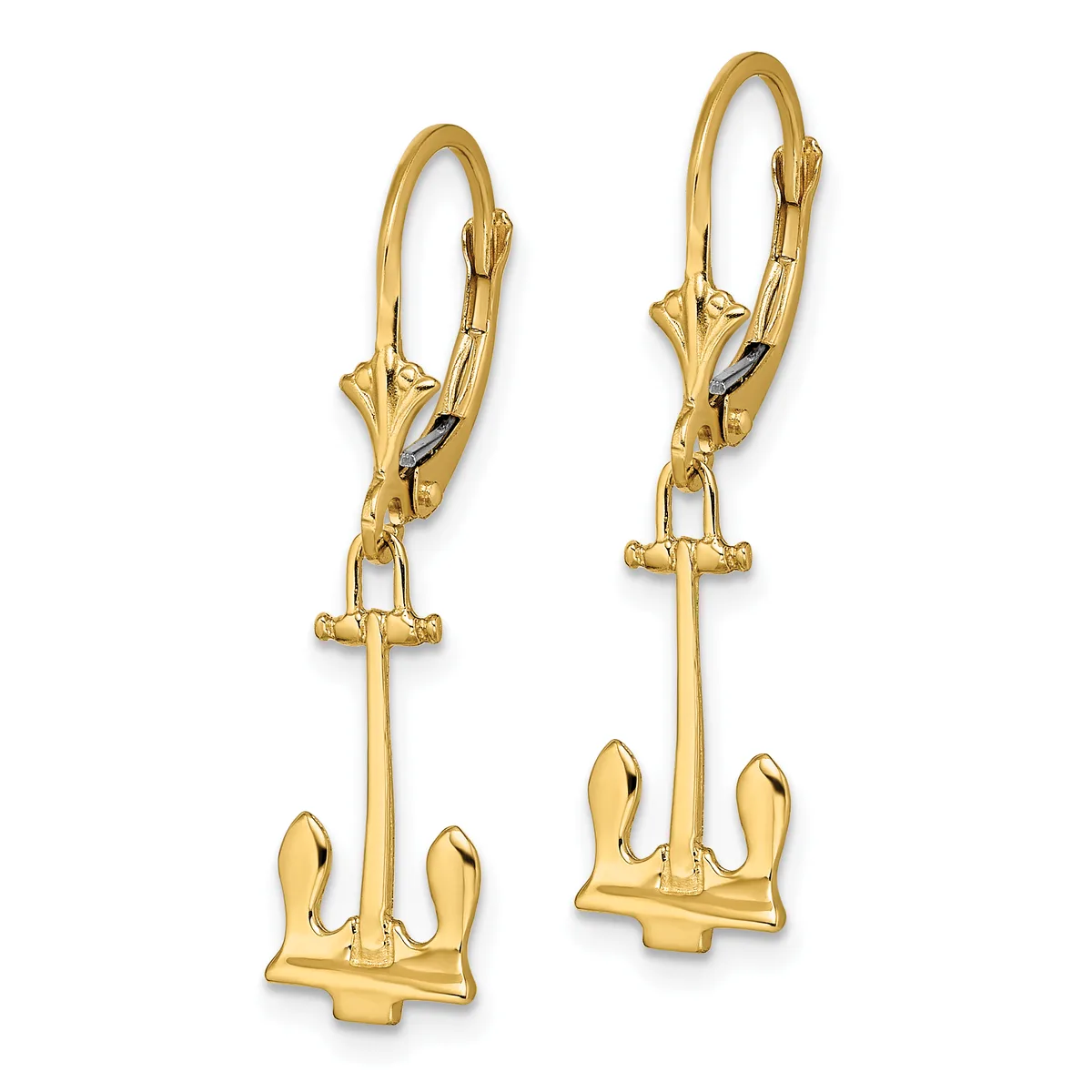 Pair of gold lever-back earrings each featuring a dangling anchor charm with a small stamped hallmark on the post.
