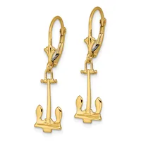 Pair of gold lever-back earrings each featuring a dangling anchor charm with a small stamped hallmark on the post.