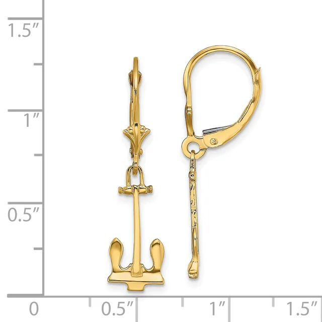 Gold-colored anchor earrings with lever backs displayed next to a ruler showing they are approximately one inch long.