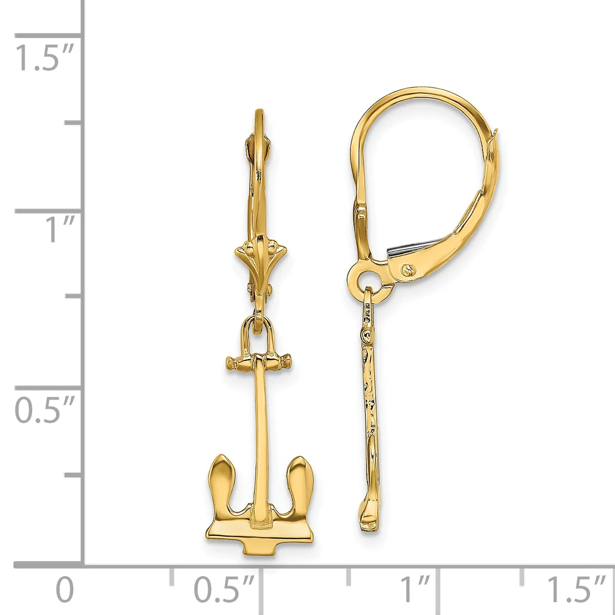 Gold-colored anchor earrings with lever backs displayed next to a ruler showing they are approximately one inch long.
