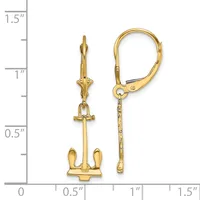 Gold-colored anchor earrings with lever backs displayed next to a ruler showing they are approximately one inch long.