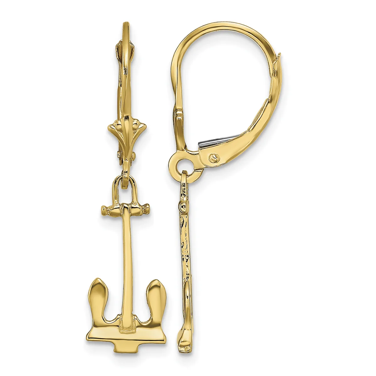 Pair of gold-toned anchor dangle earrings with leverback closures, shown from front and side views.