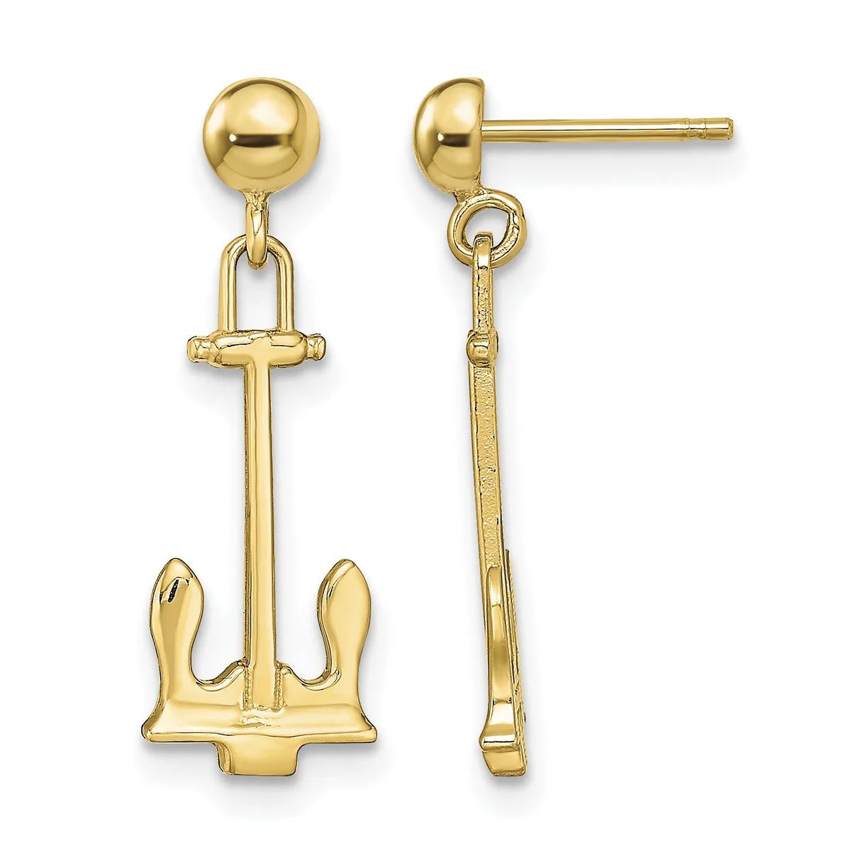 Pair of gold-colored anchor drop earrings with ball studs, shown from front and back views.