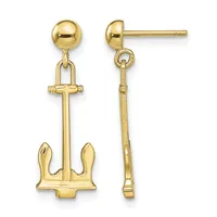 Pair of gold-colored anchor drop earrings with ball studs, shown from front and back views.