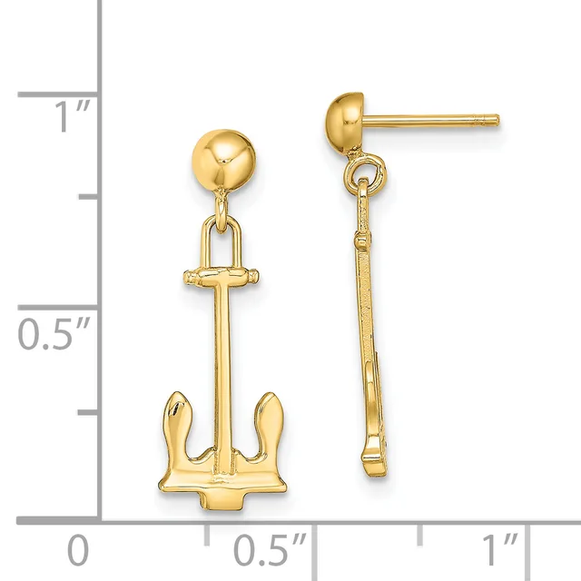 Gold-colored dangle earrings featuring anchor charms suspended from ball studs, displayed against a measurement scale showing approximately one inch in length.