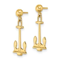 Pair of gold dangle earrings featuring spherical studs with chain links suspending anchor-shaped charms below.