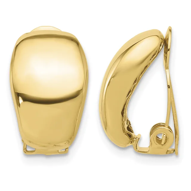 A pair of polished gold-tone clip-on earrings shown from front and side views, featuring a chunky curved rectangular design with rounded edges.