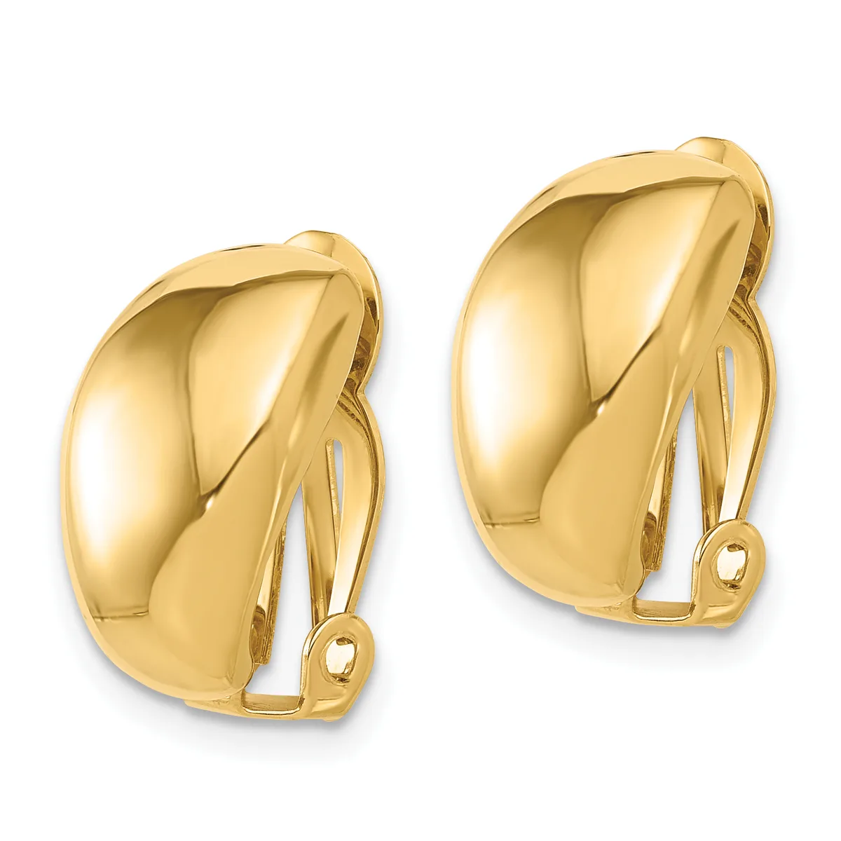 Pair of polished gold-toned chunky curved clip-on earrings with a smooth, domed surface and small hallmarks visible near the hinges.