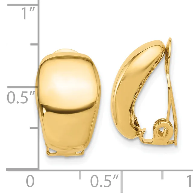 Polished gold-tone clip-on earrings with rounded, cushion-shaped domes shown front and side view against a measurement scale.