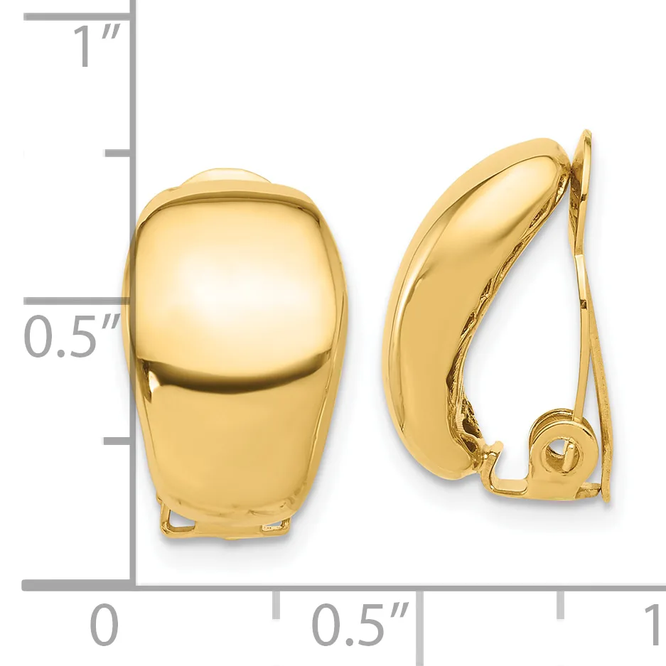 Polished gold-tone clip-on earrings with rounded, cushion-shaped domes shown front and side view against a measurement scale.