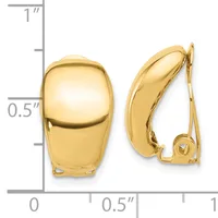 Polished gold-tone clip-on earrings with rounded, cushion-shaped domes shown front and side view against a measurement scale.