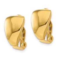 Pair of polished gold-colored clip-on earrings with curved, chunky rectangular shapes and a high-shine finish.