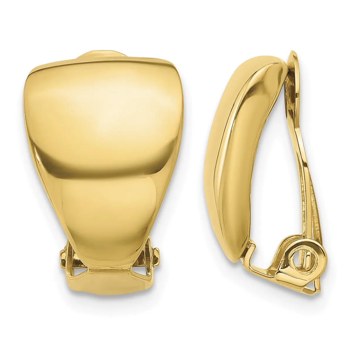 Pair of polished gold-tone clip-on earrings with a curved, domed rectangular shape, shown from front and side views.