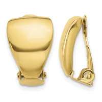 Pair of polished gold-tone clip-on earrings with a curved, domed rectangular shape, shown from front and side views.