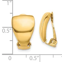 Pair of polished gold-colored clip-on earrings with a curved, tapered design, shown from front and side views with measurement scale.