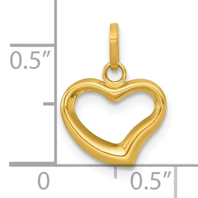 Gold-colored heart-shaped pendant with a hollow center and small loop bail at the top, shown with measurement scale indicating approximately 0.5 inches in height and width.
