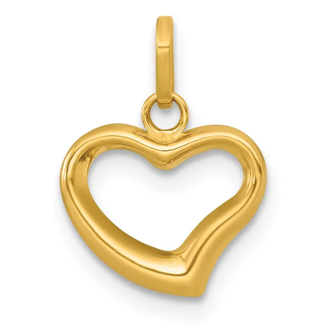 A polished gold heart-shaped pendant with a hollow center and an attached bail loop at the top.